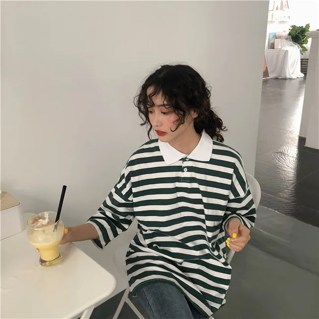 green Ulzzang, летняя, с коротким рукавом, с отложным воротником, женская, большой размер, в полоску, свободная, новая, Harajuku, половина, винтажная, хлопковая футболка, топы - Цвет: green