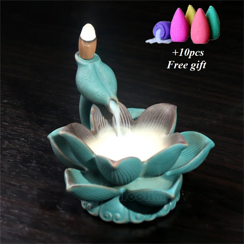With 10pcs Cones Керамика светодиодный горелка для благовоний в виде лотоса водопад обратного потока ладан держатель Арома дым фонтан Кадило - Цвет: With 10pcs Cones