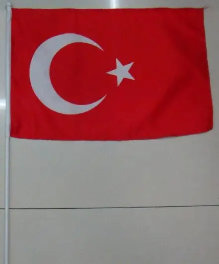 

Free shipping World National Flag 14 * 21cm Turkey hand wave flags 100pcs / bag with plastic flagpole Polyester