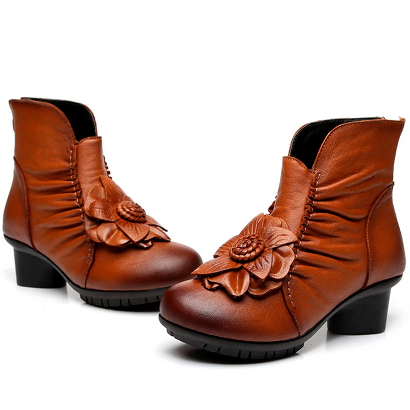 

SNURULAN Vintage Women Genuine Leather Boots Retro Cowhide Leather Women's Boots Mother Folk Style Winter Shoes Sapato Feminino