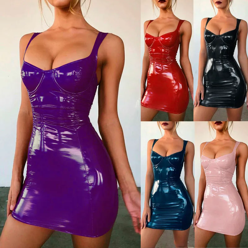 Женское блестящее мини платье из искусственной кожи без рукавов для клуба