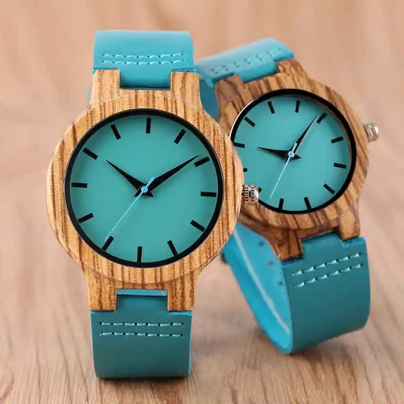

2020 Top Luxury Royal Blue Wood Lover Watch Quartz Wristwatch Natural Bamboo Clock Fashion Leather Valentine's Day Best Gift