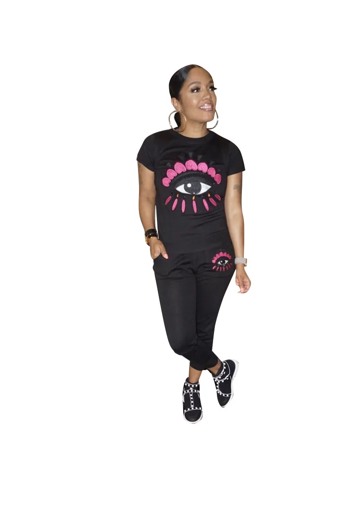 Новинка 2019 Женский костюм с вышивкой глаз короткий рукав круглый вырез футболка