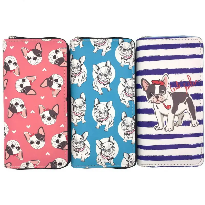 KANDRA Lovely Women Dog Clutch Wallets Stripe PU Leather Phone Pocket Card Holder Long Wallet Girls Zipper Coin Purse Wholesale