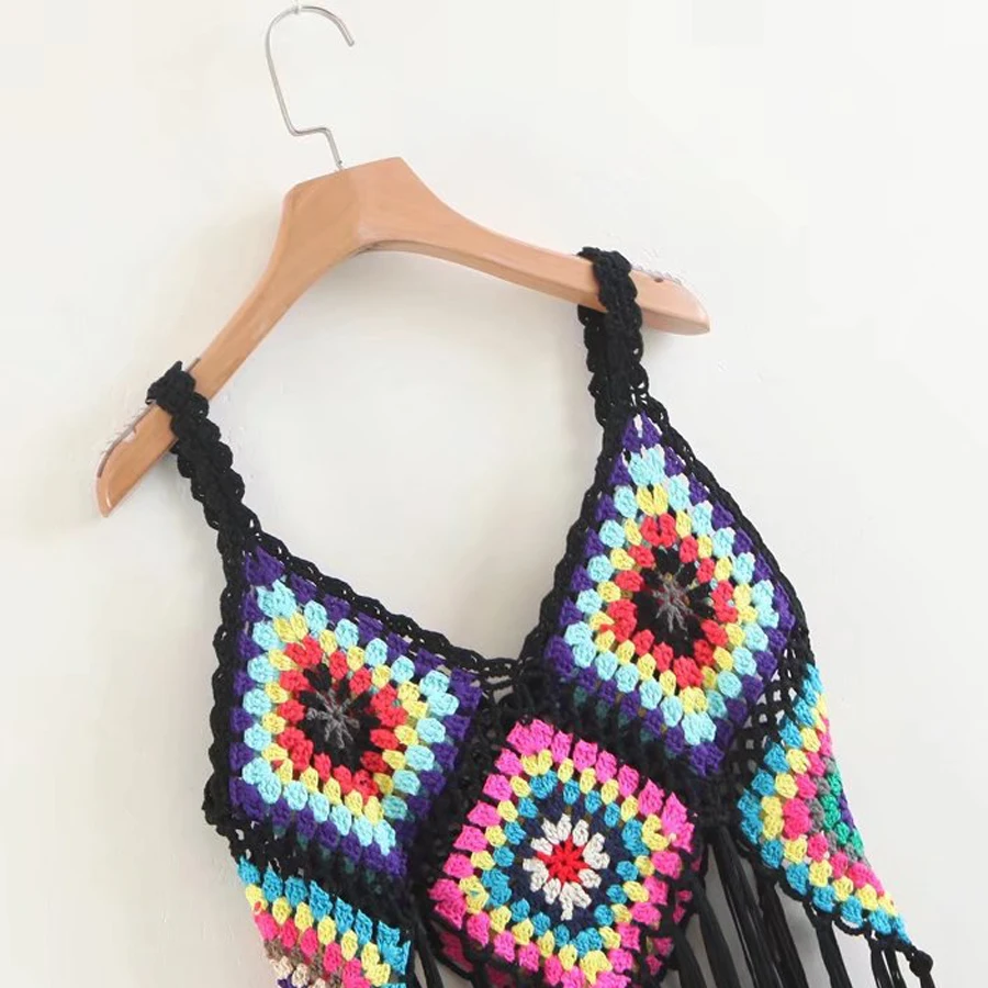 Женская пляжная одежда TEELYNN boho винтажный черный вязаный Топ с цветочным принтом