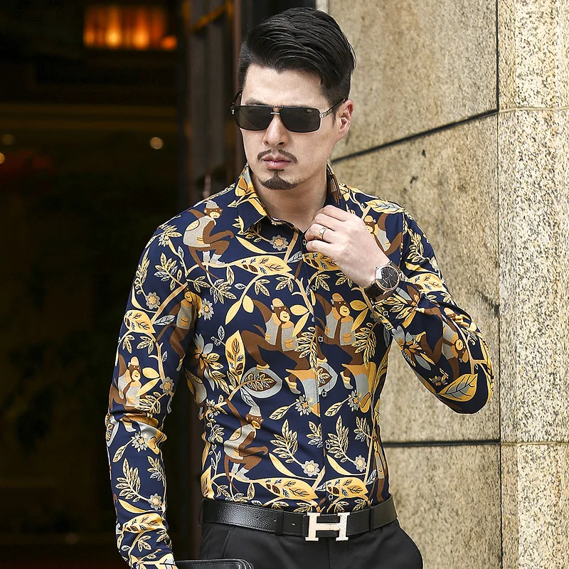 Luxury Brand Men Shirt 5XL 6XL Fashion Long Sleeve Wedding For Designer Casual Shirts Gold Floral Camisa Hombre S17 | Мужская одежда