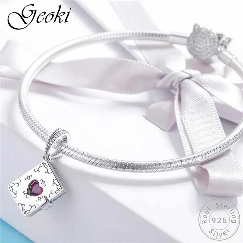Geoki стерлингового серебра 925 Forever Love письмо книга Подвески fit браслет Pandora коробка сердце бусинами Цепочки и ожерелья Подвеска DIY