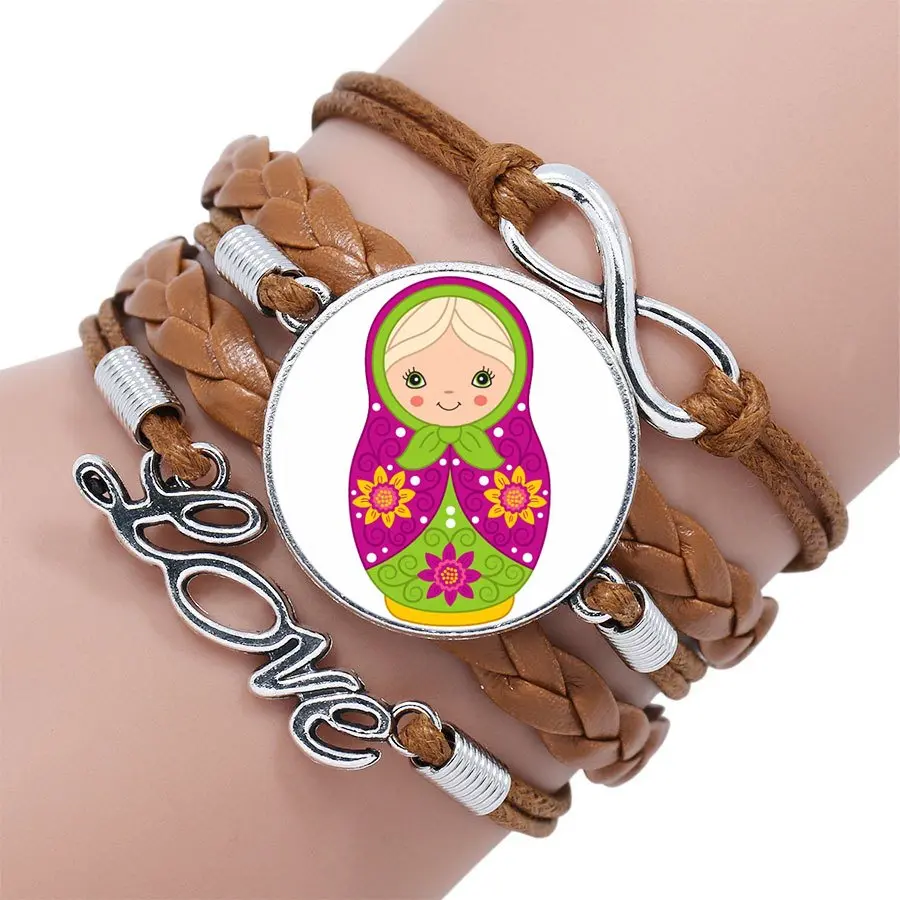 Antique Vintage Style Multilayer Black/Brown Leather Bracelet Bangle Jewellery For Girls Gifts Russian Dolls | Украшения и