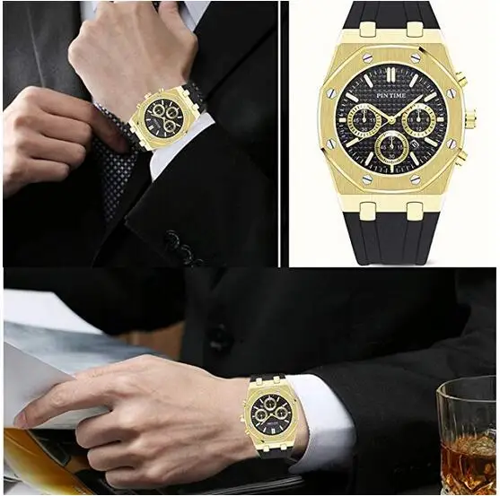 PINTIME Для мужчин Детские Модные Повседневные часы Royal Oak дизайн каучуковый ремешок Для мужчин s класса люкс кварцевые двигаться Для мужчин t аналоговые Дисплей Для мужчин спортивные наручные часы