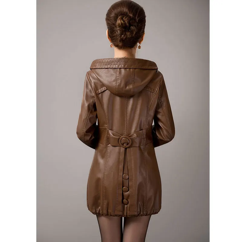 Coffee plus cotton Зима, 5xl размера плюс, кожаное пальто для женщин, имитация кожи, овчина, Осеннее, черное, с капюшоном, повседневное, длинное пальто, женская кожаная куртка - Цвет: Coffee plus cotton