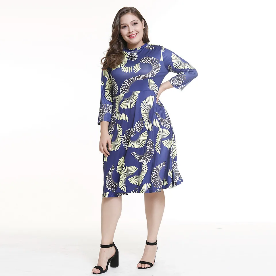 Women Autumn Blue Print Dress Plus Size Spring Long Sleeve Dresses New 2018 Clothing | Женская одежда
