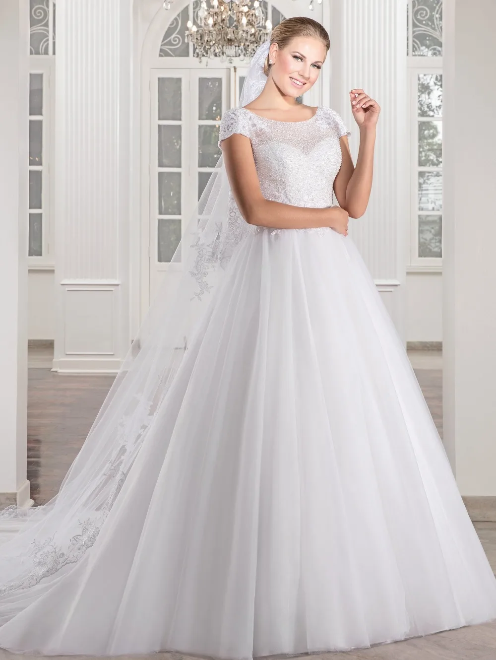 Vestido де noiva короткие рукава из бисера Лиф винтаж свадебное платье мягкий тюль