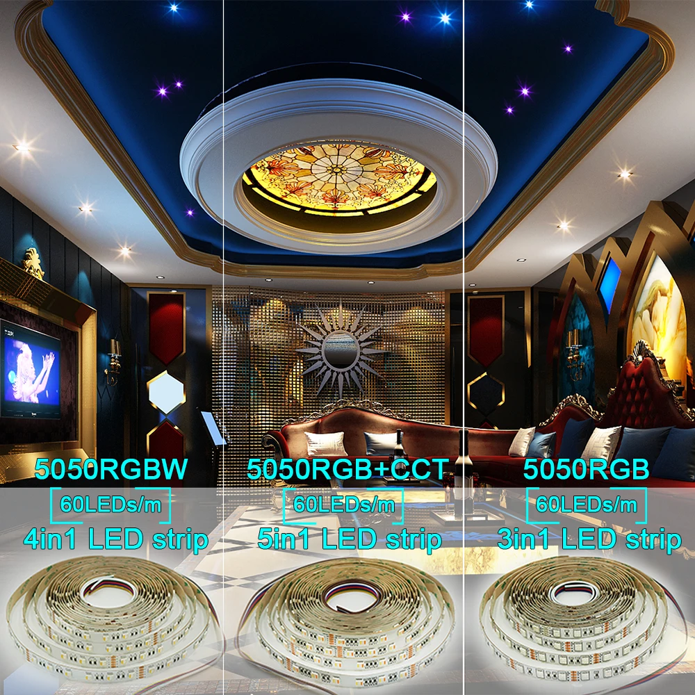 Auxma 5050 RGB/RGBW/RGBCCT 5в1 CRI80 60 Светодиодный s/m IP20 DC12V/24 V 300 светодиодный s/Reel, 5 метров/Reel Крытый не водонепроницаемый светодиодные полосы для вечерние