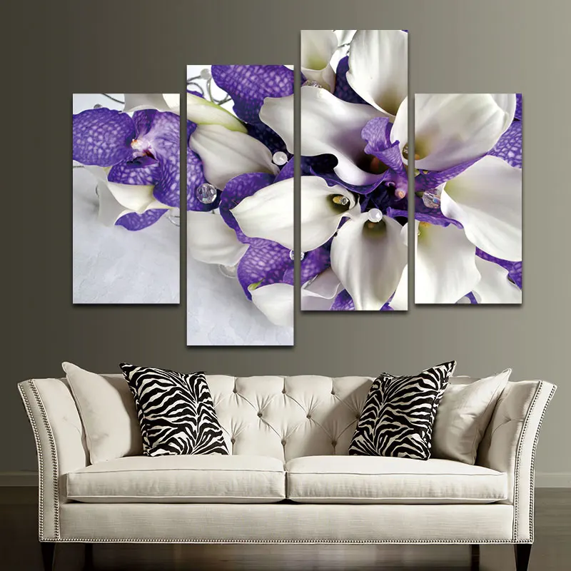 BANMU 4 Panels Purple&ampWhite Iris Wall Art Canvas Painting Nordic Floral Poster Home Decor for Livingroom Decoration | Дом и сад