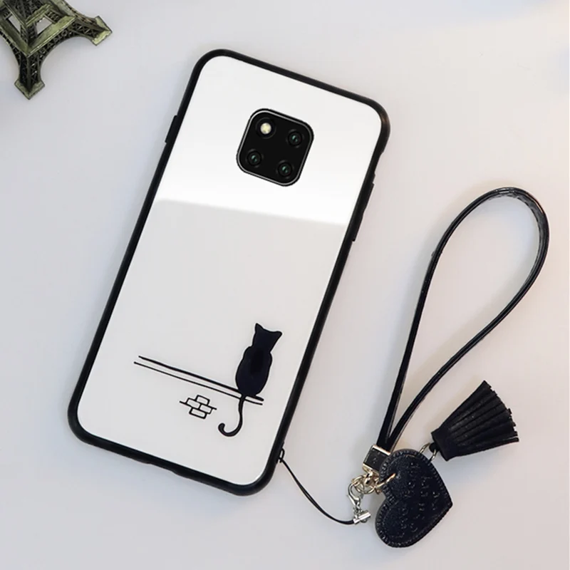 BONVAN чехол из закаленного стекла для huawei mate 20 Pro mate 20 милый чехол с котом для huawei mate 20 lite с кисточкой-сердцем ремешок чехол для телефона s - Цвет: 01