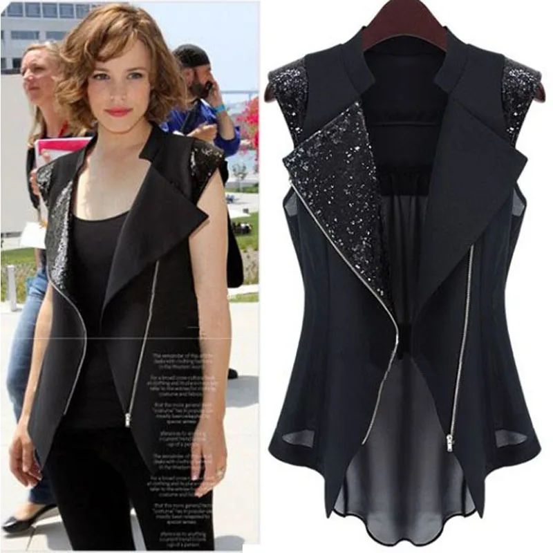

Super Fashion Sequined Patchwork Women Vest, Trending Turn-down Collar Zipper Chiffon Vest