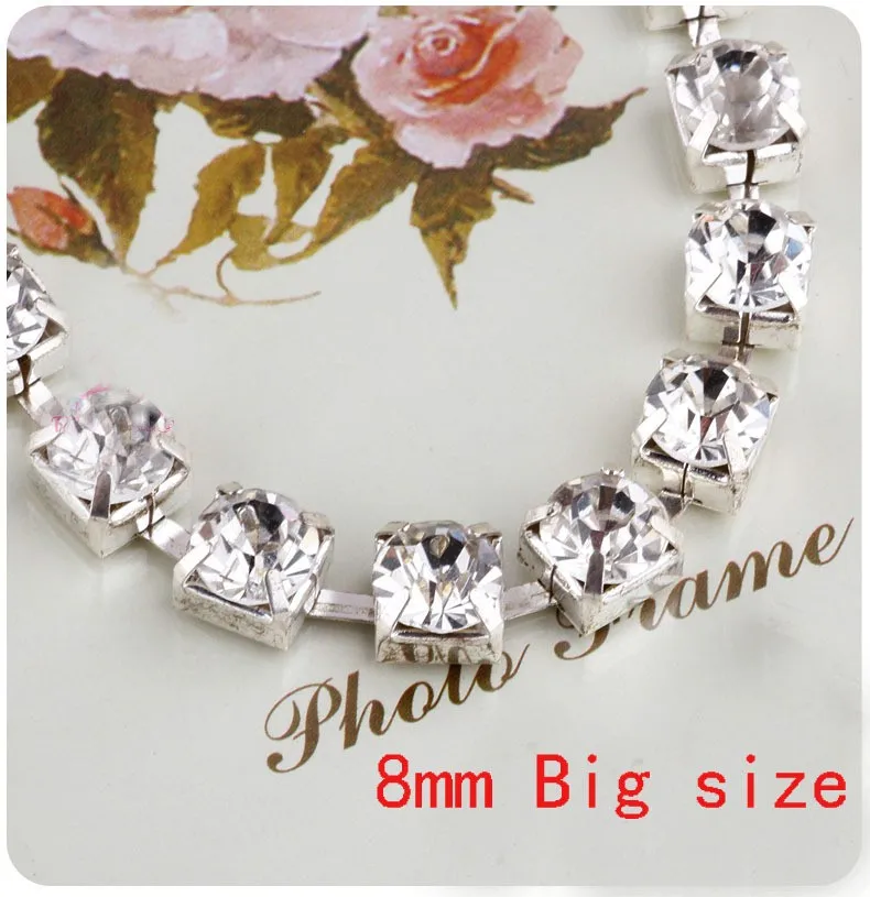 Большие размеры 8mm10yard/lot + rhinestonecup цепь с AAA прозрачного хрусталя камень серебро