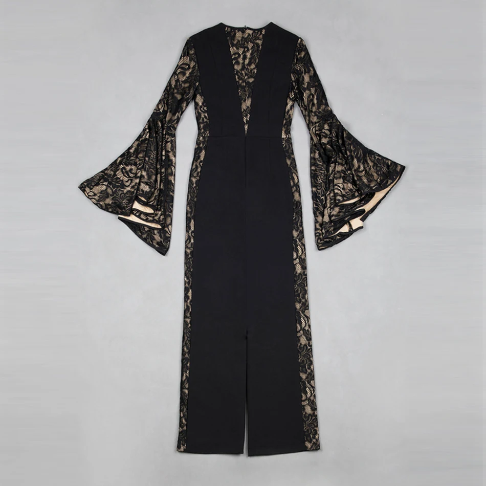 Artsu Summer Chic Lace Full Sleeve Straight Jumpsuits Evening Party 2018 Women's Elegant Black O-Neck Long Hot Sale | Женская одежда