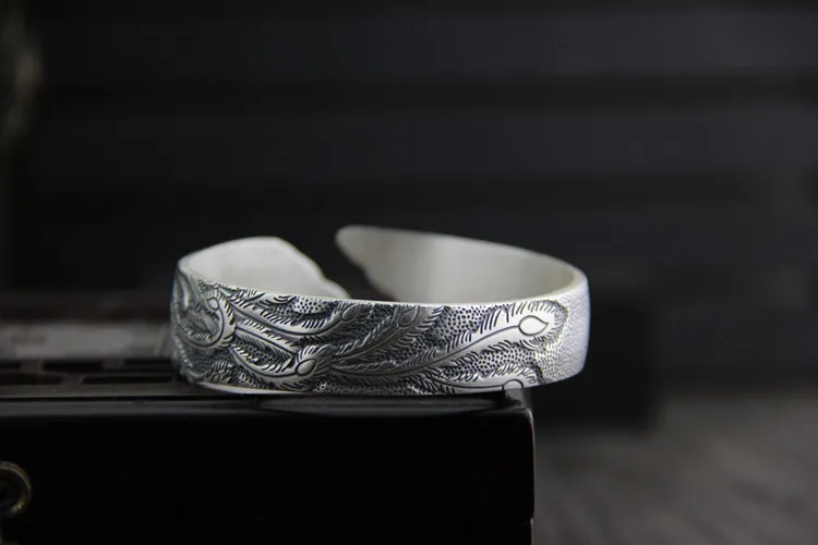 Ethical 925 Sterling Thai Silver Bracelets Bangles Antique Open Size Carved Peacock Peony Wide Cuff Bangle S925 Jewelry | Украшения и