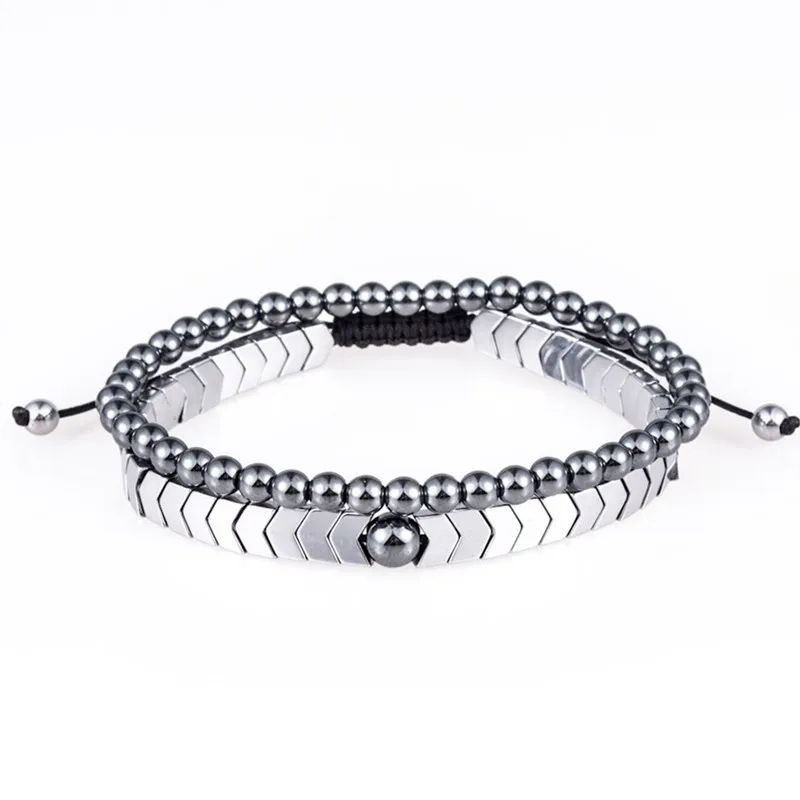 Black Silver set Мужской набор Гематитовых браслетов, Европейский Плетеный мужской браслет с макраме, Панк Хип-хоп, крутые мужские ювелирные изделия, подарок Pulseira Masculina - Окраска металла: Black Silver set