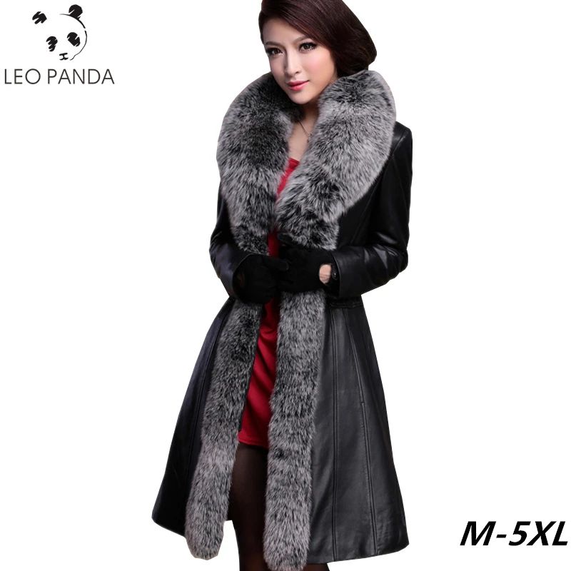 Зимние женские пуховые пальто из натуральной кожи размера плюс 5XL, парка, Высококачественная приталенная куртка с воротником из черного лисьего меха, теплая длинная верхняя одежда