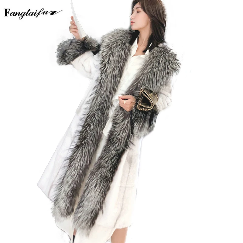 

Fang Tai Fur Import Crown Mink Fur Coats Full Fox Sleeve With Fox Fur Collar Mink Coats Long Soft Loss Slim Mink Fur Coats