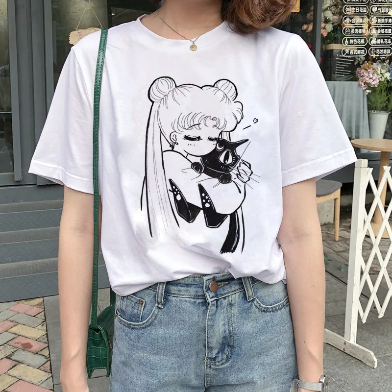 Kawaii Сейлор Мун футболка Женская Harajuku Ullzang мультяшная футболка 90s Милая футболка с принтом гранж корейский стиль футболки женские