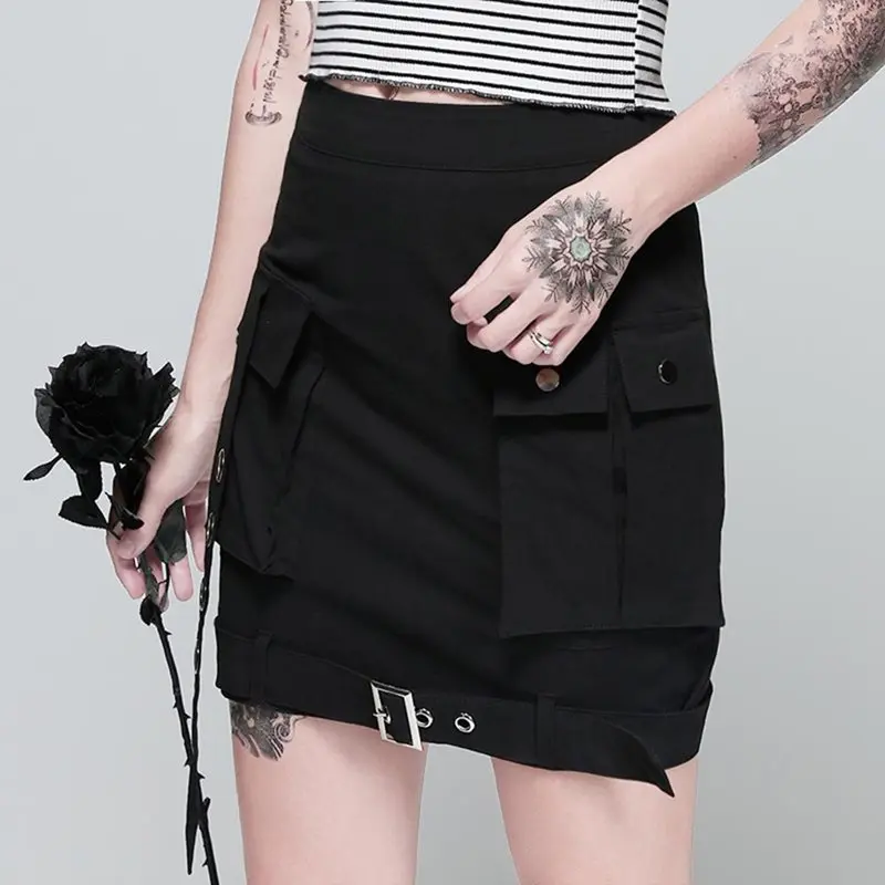 Уличная Харадзюку Готический карго юбка женская крутая с карманами Пряжка Панк