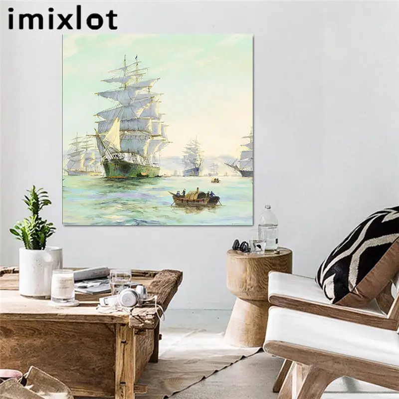 Imixlot HD Современная картина маслом Искусство Декор стены парусник под ясным небом
