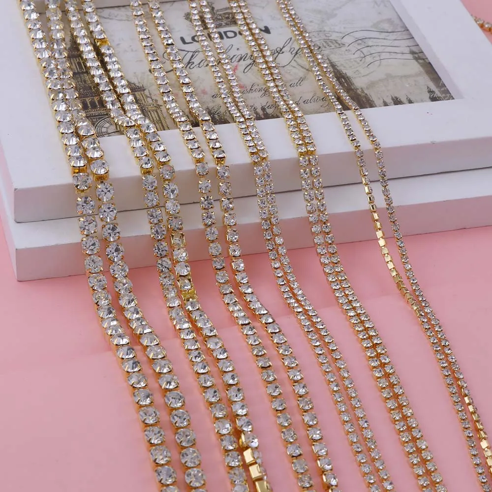 

9 Meters SS6-SS24 Gold Base With Clear Color Rhinestone Nail Stone Close Chain For DIY Nail Art Decor/Clothes/Jewelry Making