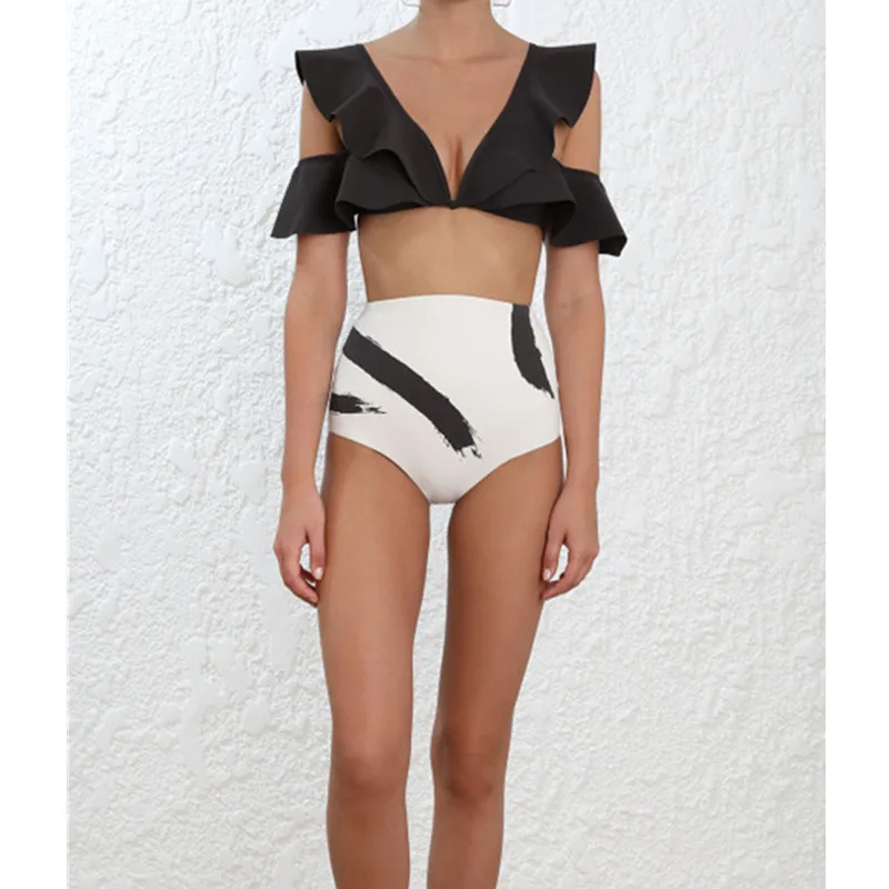 2018 пикантные черные сапоги и белая зебра-рукавом бикини Плавание одежда Purfle