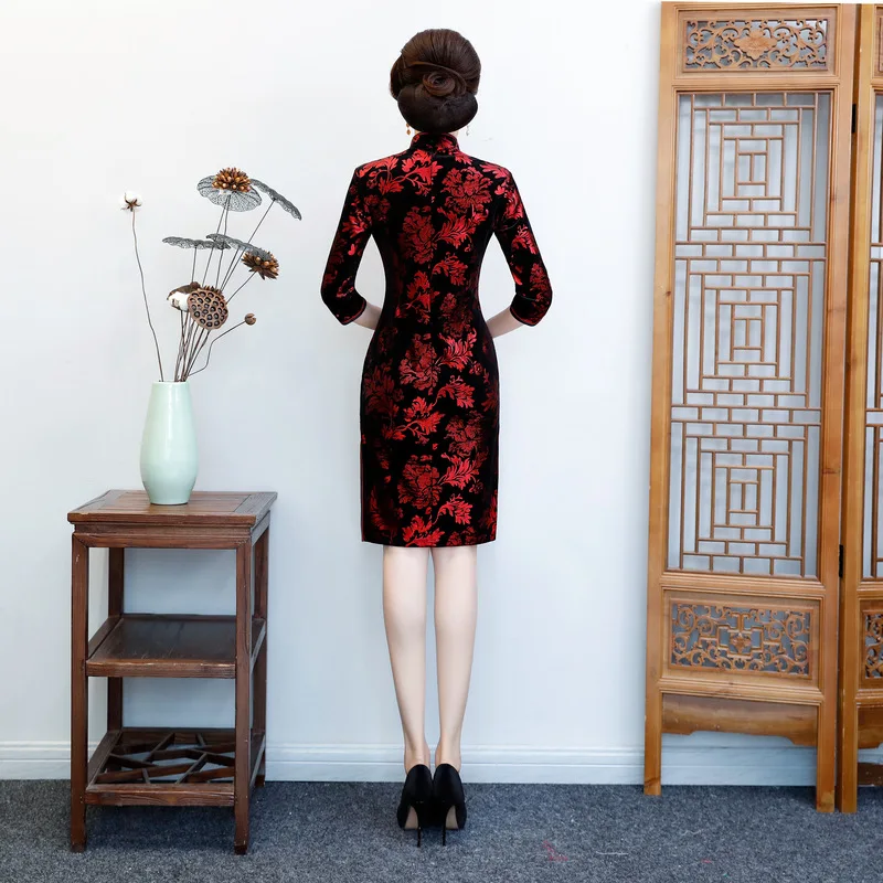 

2019 Spring Mini Cheongsam Novelty Chinese Short style Dress Womens Velour Qipao Slim Party Dresses Lady Button Vestido L-4XL