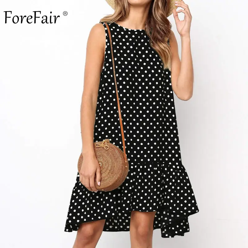 Forefair, платье в горошек для женщин, летнее, с открытыми плечами, с рюшами, неровное, круглый вырез, размера плюс, повседневное, мини, бохо, пляжное платье - Цвет: Black Dress