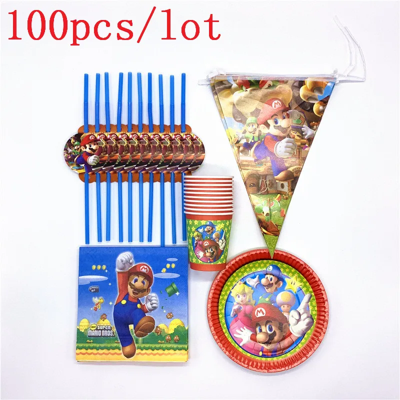 100 шт/партия мультфильм тема супер Марио одноразовая посуда соломенный детский