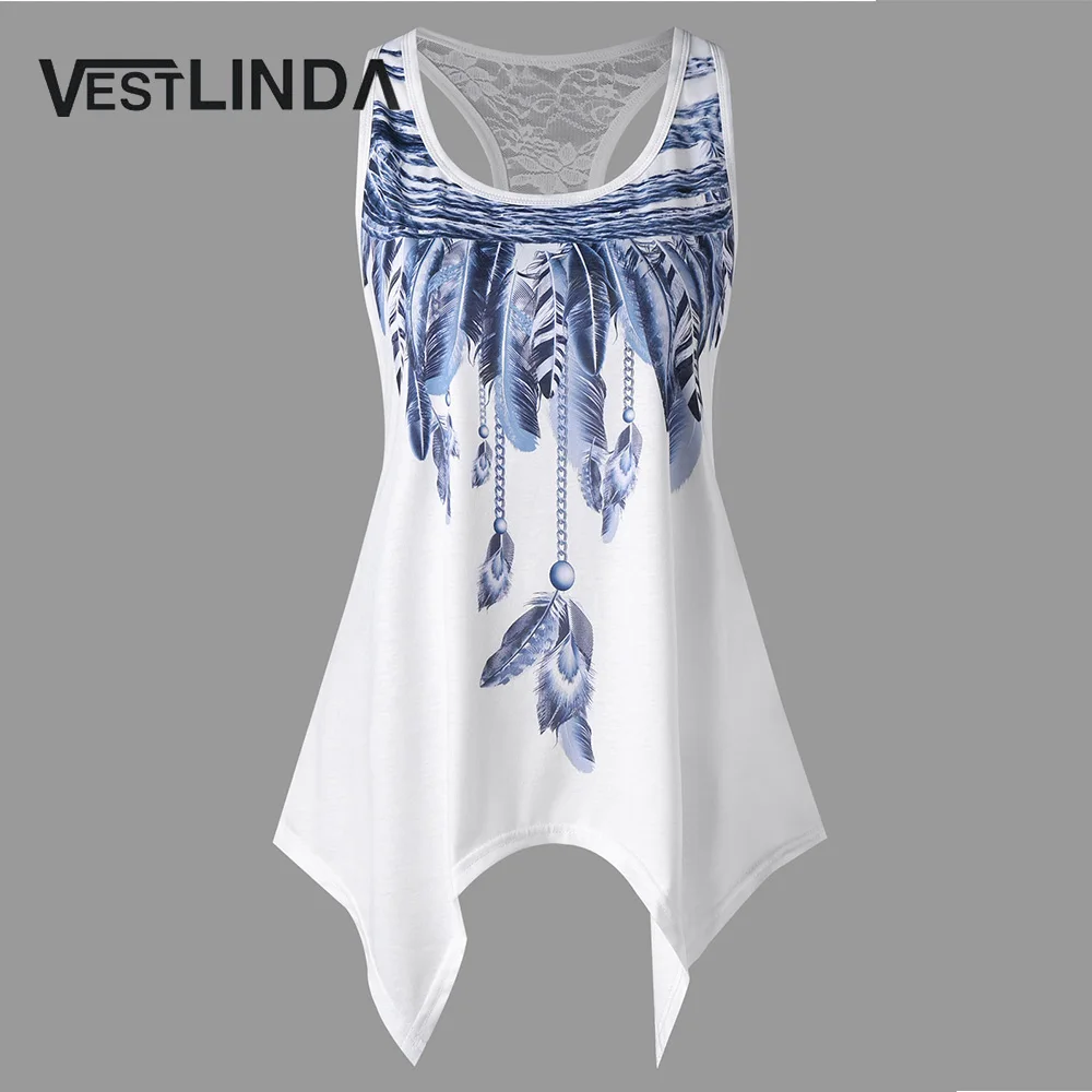 Женский кружевной топ VESTLINDA майка с принтом перьев и вставкой Летняя туника
