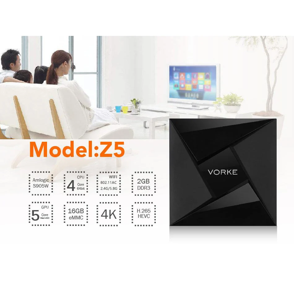 VORKE Z5 Amlogic S905W Android 7.1.2 Smart ТВ коробке 2 ГБ/16 ГБ 802.11ac IEEE WI-FI Bluetooth 4 1 LAN HDMI 0 3D кино DLNA |