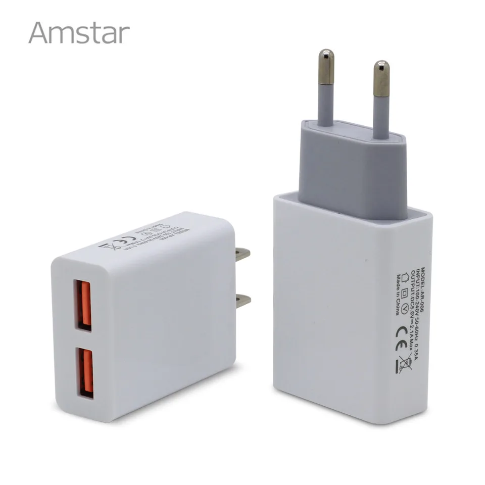 Зарядное устройство Amstar Slim с двумя USB разъемами для телефонов штепсельная вилка