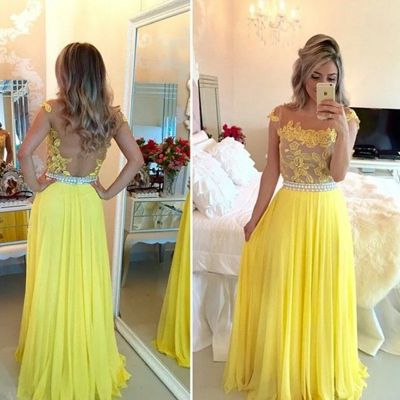 Пикантные желтые длинные vestido de noiva Longo Элегантный кружево Аппликация Макси Пром See Through официальная вечерние платье подружки невесты