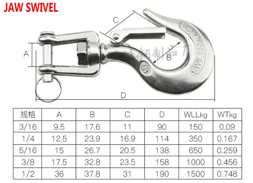 Грузовой подъемный крюк HQ 0,5-3T, из нержавеющей стали, с проушиной поворотные тиски, с защелкой