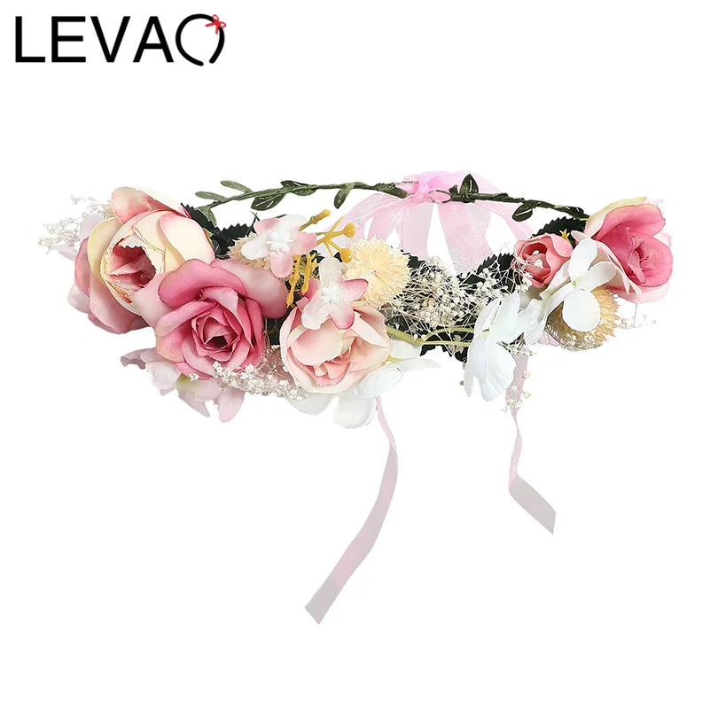 LEVAO/Свадебная гирлянда с розами, венок, лента, бант, аксессуары для волос, резинки для волос для женщин и девочек, свадебная повязка на голову