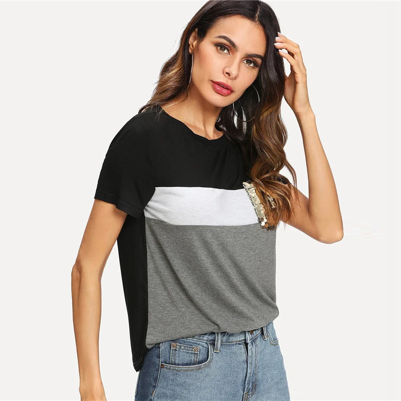 SweatyRocks, цветная футболка с пайетками и карманами, уличная футболка с коротким рукавом, Женский пуловер, топы, Летняя Повседневная Эластичная футболка