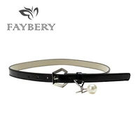 2018 thin leather black belts for women pu leather waist belt high quality white pearl decoration female strap silvery buckle