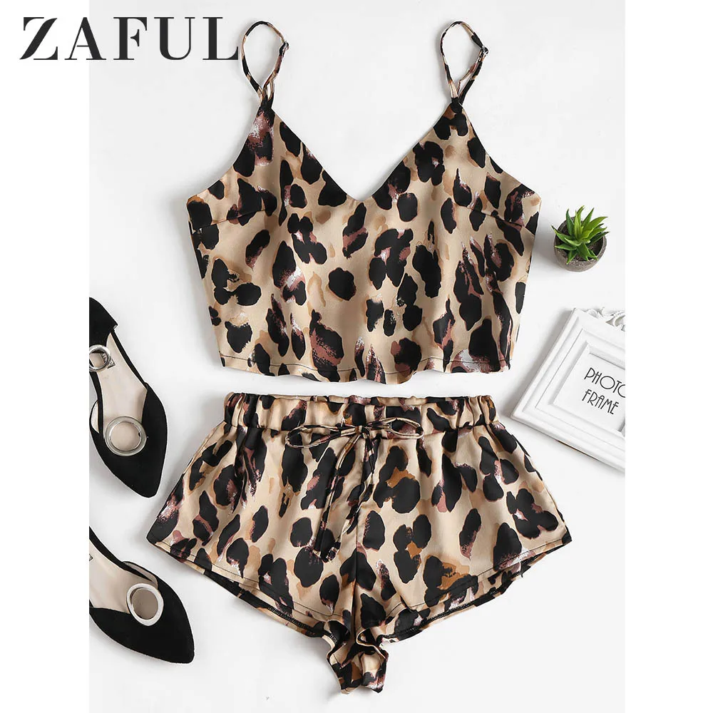 ZAFUL леопардовый принт женские комплекты атласный укороченный топ шорты пижамный