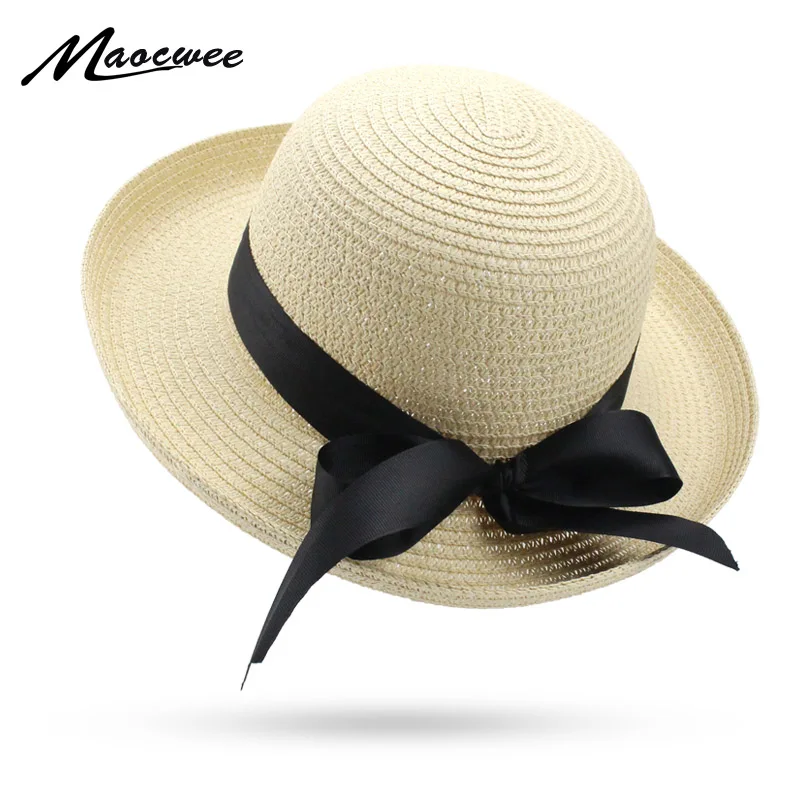 

Summer Cute Bow Straw Hat Women's Sunbonnet Bucket Hat Roll-up Hem Classic Beach Cap Sun Hat for Women and Girl Boater Chapeau