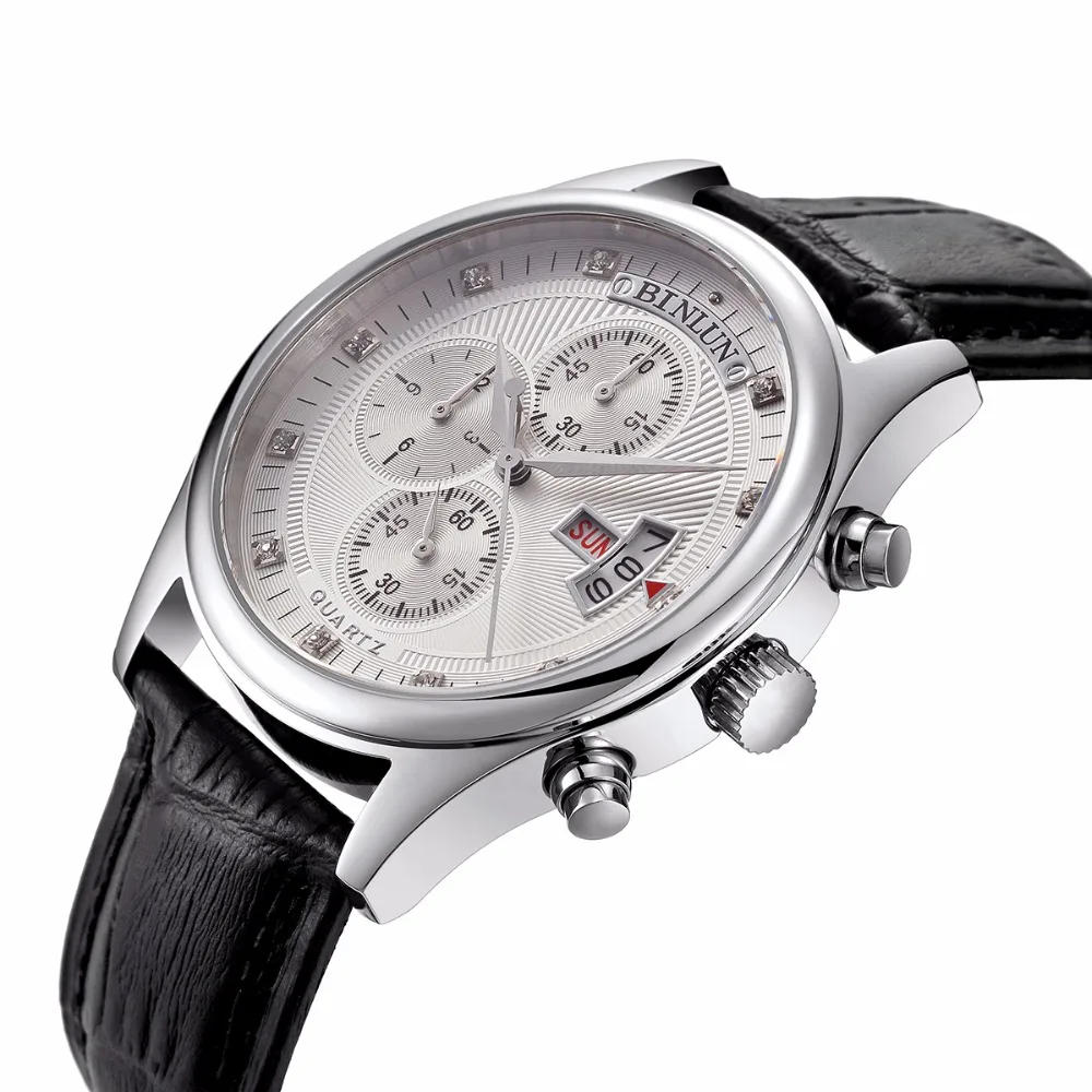 BINLUN мужские черные кварцевые часы из натуральной кожи многофункциональный