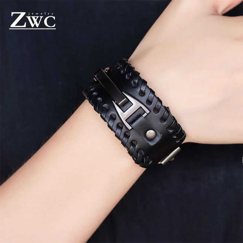 

ZWC Fashion Vintage Upscale Leather Punk Bracelet for Women Men Personality Weave Rivet Buckle Bracelet Jewelry Wholesale Gifts