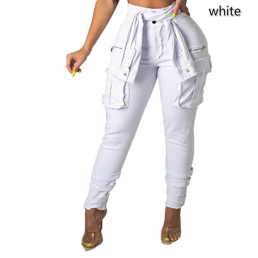 white 3 цвета, женские модные джинсы с высокой талией, новые сексуальные, для ночного клуба, имитация ремня, галстук, модные, с пуговицами, потертые, рваные джинсы для женщин - Цвет: white