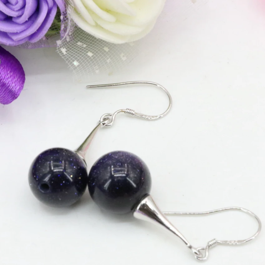 Женские круглые серьги с голубым песком 12 мм очаровывают из натурального камня