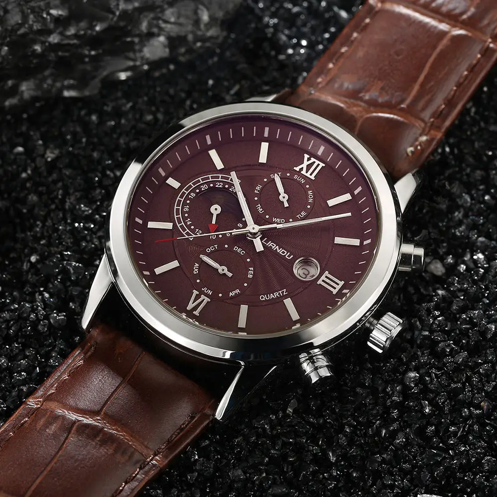 Liandu Moon Phase Мужская Повседневная Кварцевые часы многофункциональные спортивные