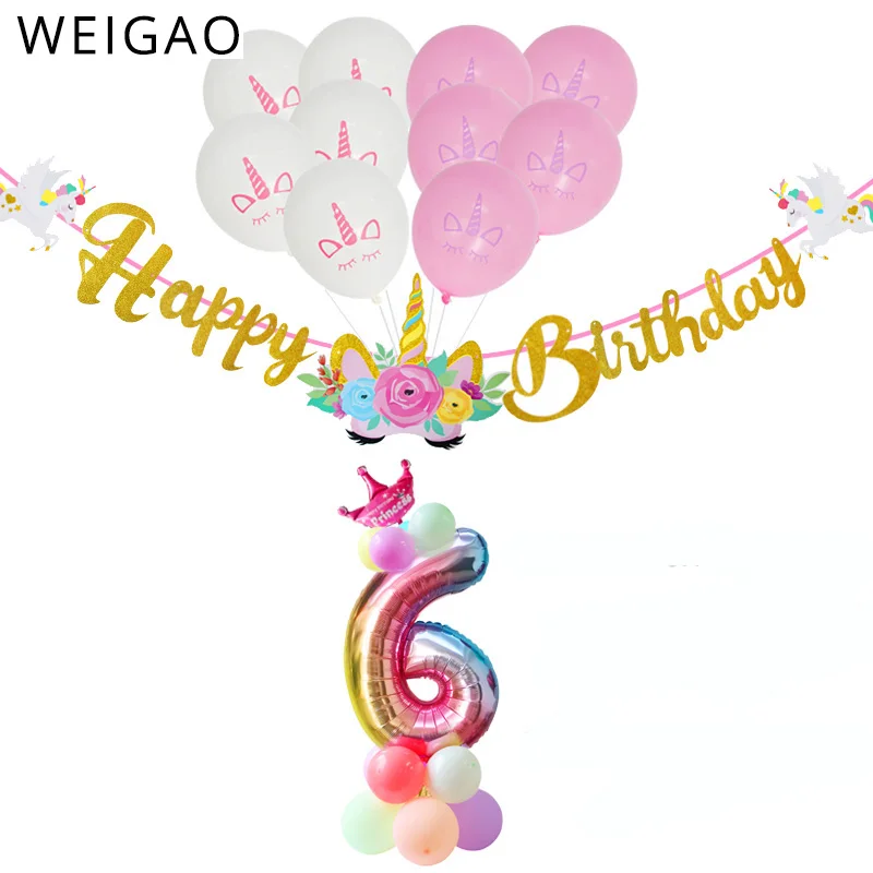 WEIGAO 0-9 Радуга Единорог баннер для вечеринки и воздушные шары Комплект блестящий для дня рождения баннер бумага Гарланд с номером воздушный шар Декор